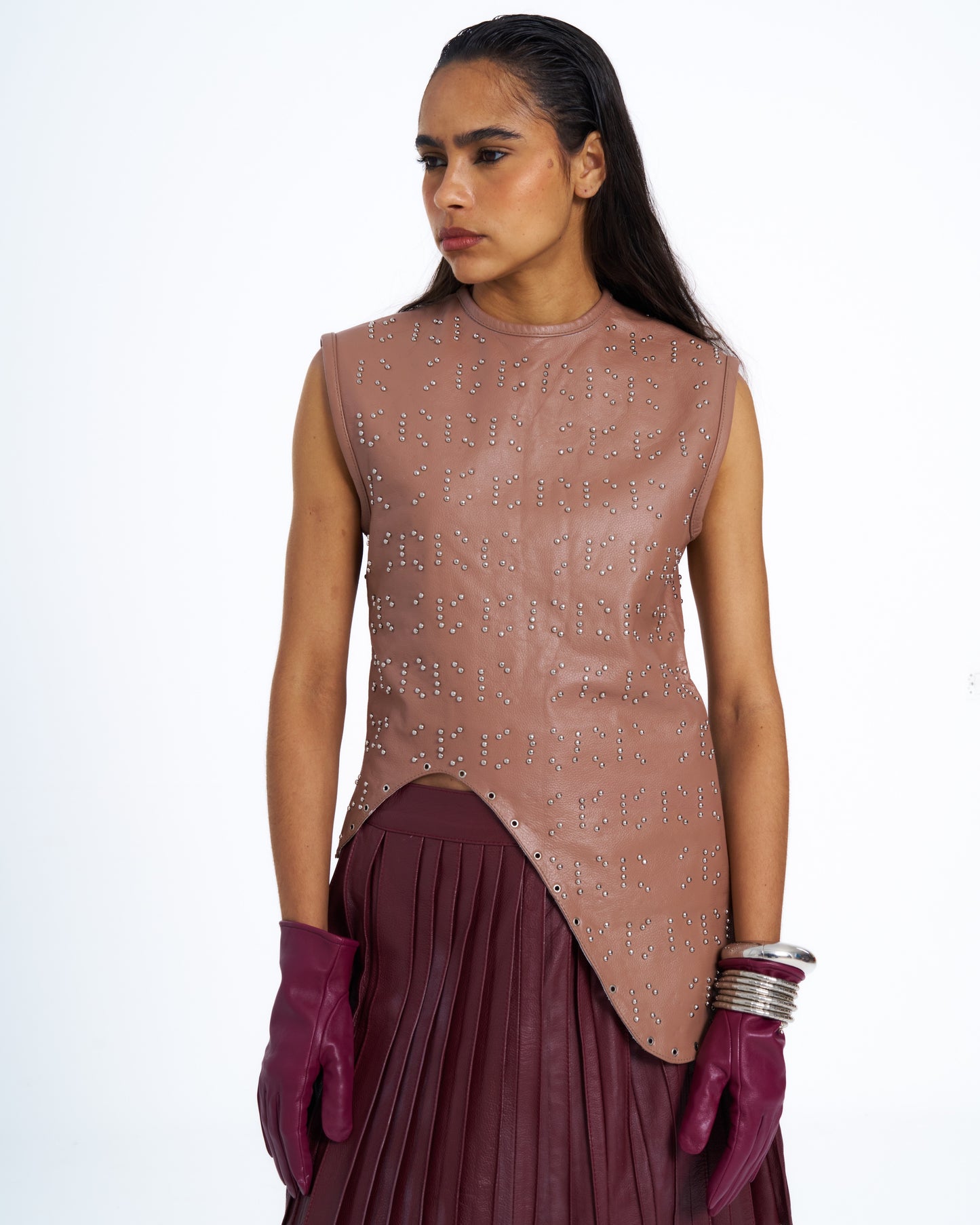 MUNIRA STUDDED LEATHER TOP